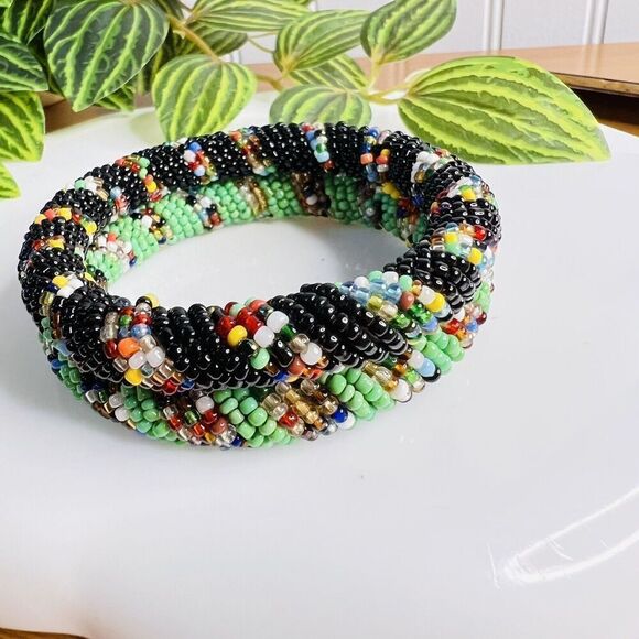 Traditional African Multicolored Beaded Bangle Bracelet Black Blue Orange - Picture 4 of 6